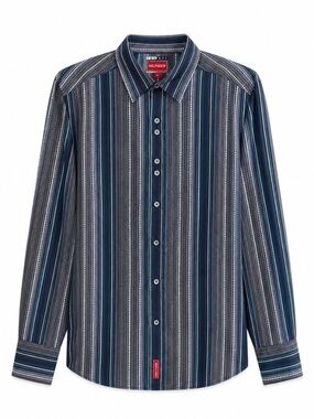 Vintage 90s Tommy Hilfiger Navy & White Geo Stripe Dress Shirt – Size Small EUC